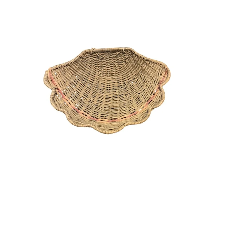 Vintage Woven Wicker Scalloped Shell Basket Coastal Nautical Decor Pink Accent
